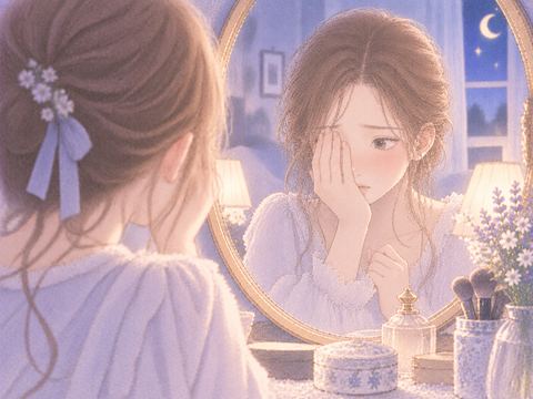 鏡の前で目元を隠そうとする女性