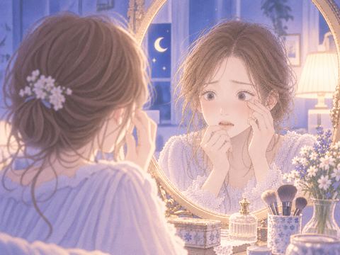 抜けたまつ毛に驚き不安そうに目元を見る女性