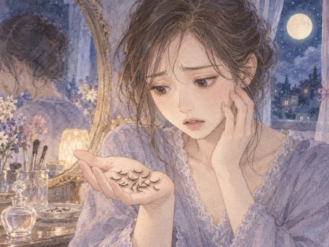 手のひらに多くのまつ毛が落ちて戸惑う女性