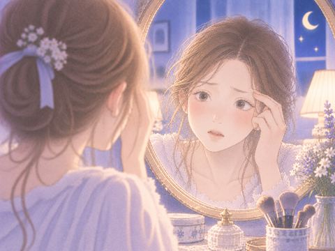 眉毛が薄くなった顔を鏡で確かめる女性