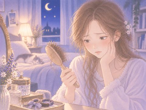 ブラシについた抜け毛を静かに見る女性