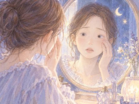 鏡の中のまつ毛がない目元を見つめる女性