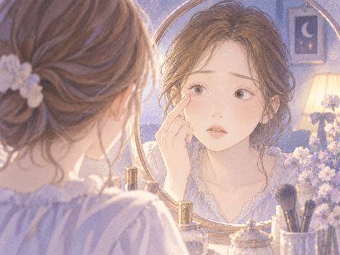 右目のまつ毛だけが抜けて鏡を見る女性