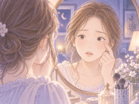 左右でまつ毛の量が違う目元を鏡で見る女性