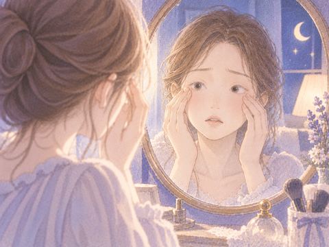 両目のまつ毛が抜け鏡の前で目元を押さえる女性