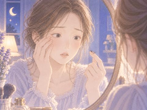 目元に触れた指先へまつ毛が一本落ちる場面