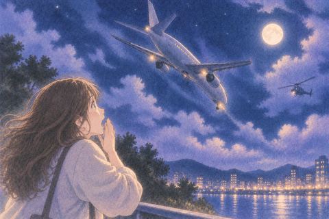 夜空で高度を失う飛行機を地上から見上げる人物の夢