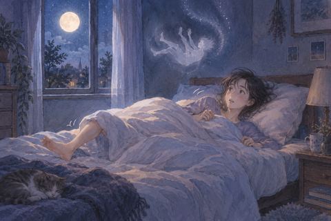 眠りかけたベッドで身体がビクッと動いて目を覚ます人物