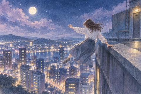 夜の高い屋上の端で足を滑らせる人物の夢