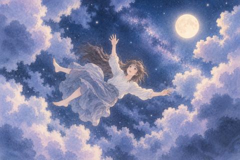 雲の間の夜空をゆっくり落ちていく人物の夢
