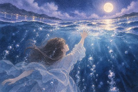 夜の水面へ落ちて泳ごうとする人物の夢