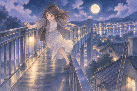 夜の高い橋を渡る途中で足を滑らせる人物の夢