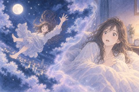 夜空から落ちる夢とベッドで目を覚ます人物が重なる場面