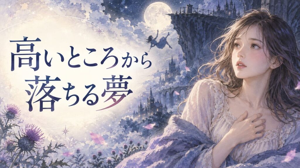 月明かりの夜に高い場所から落ちる夢の余韻を感じる大人の女性