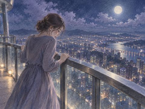 夜の高い展望台で手すりにつかまり怖がる女性