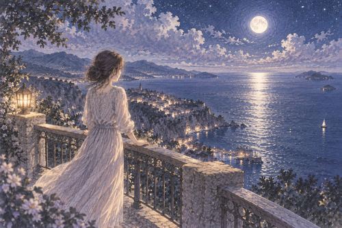 夜の高い崖の展望場所から穏やかな海を眺める女性