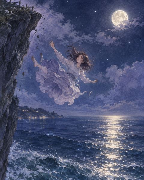 夜の高い場所から月明かりの海へ落ちていく女性