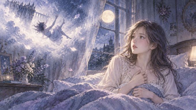 落下する夢から目覚めて身体の感覚を確かめる女性