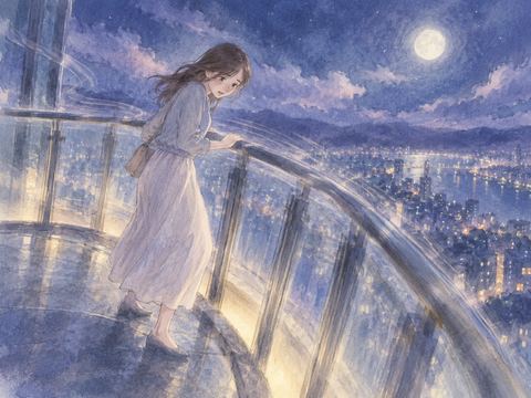 夜の高い足場が揺れ手すりにつかまる女性