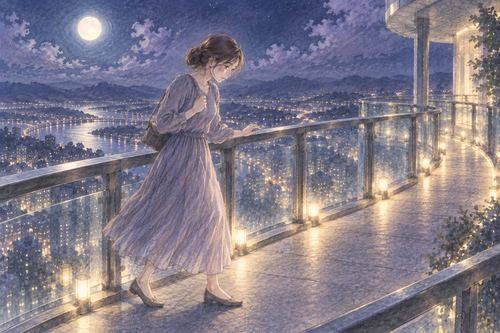 夜の高い通路を慎重に歩く女性