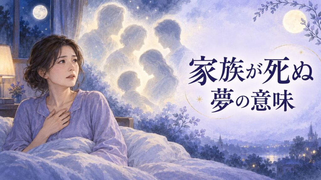 夜の部屋で不安そうに夢を振り返る大人の女性と淡い家族のシルエット