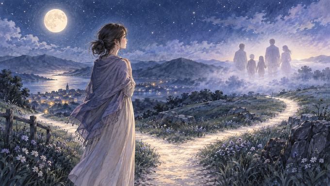 夜空の下で家族のシルエットと新しい道を静かに見つめる女性
