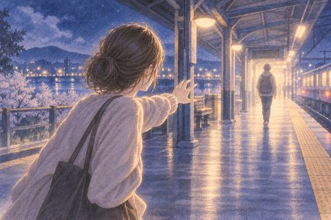 夜の駅で遠ざかる家族の後ろ姿に手を伸ばす女性