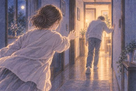 夜の廊下で倒れそうな家族へ急いで駆け寄る女性