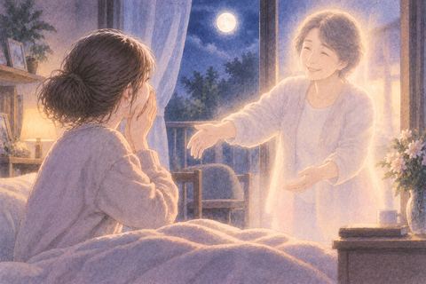 月夜の部屋で再び姿を現した家族にほっとする女性
