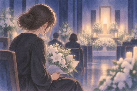 夜の静かな式場で白い花を見つめる女性