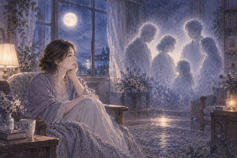 夜の部屋で家族の淡い姿を無表情に見つめる女性