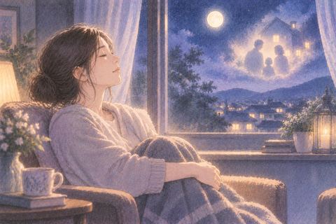 夜の窓辺で肩の力を抜き静かに息をつく女性