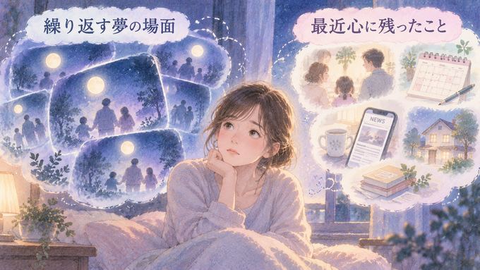 繰り返す家族の夢と最近の出来事を振り返る女性の図