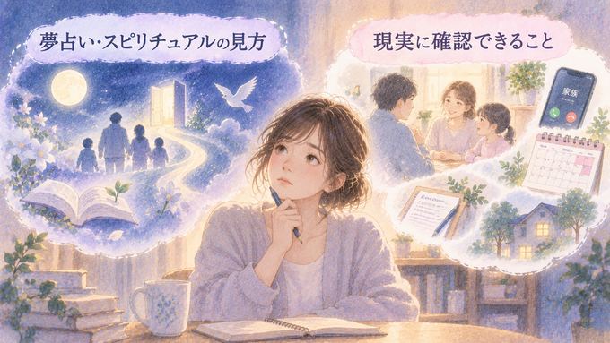 夢の象徴と現実の出来事を別々に見つめる女性の図