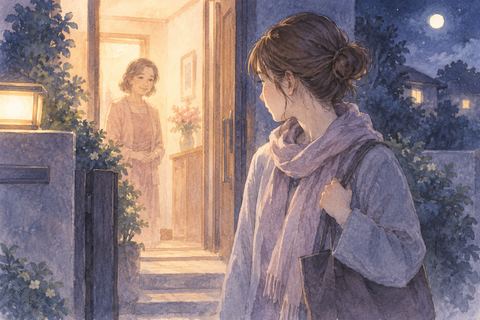 夜の玄関先で母親の姿を見送りながら立つ成人女性