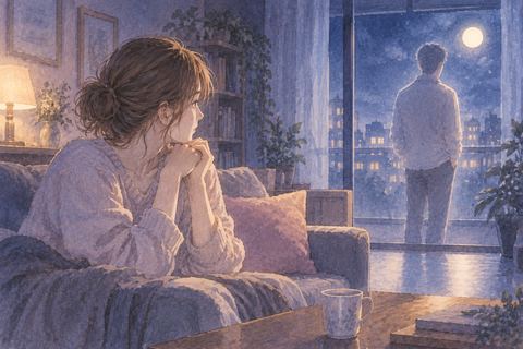 夜の部屋で離れた場所にいるパートナーを不安そうに見つめる女性