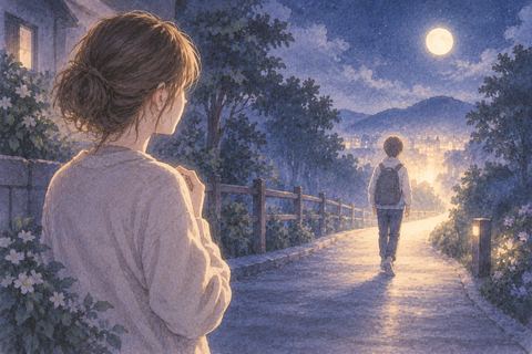 月明かりの道で成長した子どもの後ろ姿を見守る大人の女性
