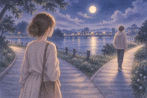 夜の川辺で別々の道へ歩く成人の兄弟姉妹