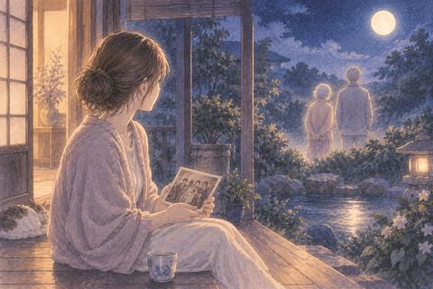 月夜の縁側で祖父母の淡い姿と家族写真を見つめる女性