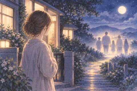 夜の家の前で遠ざかる家族の淡い姿を見つめる女性