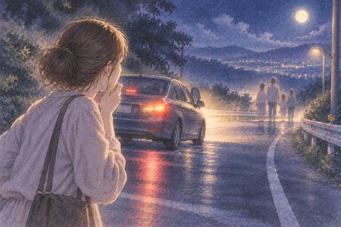 夜道で急停車した車と離れた家族の姿に驚く女性