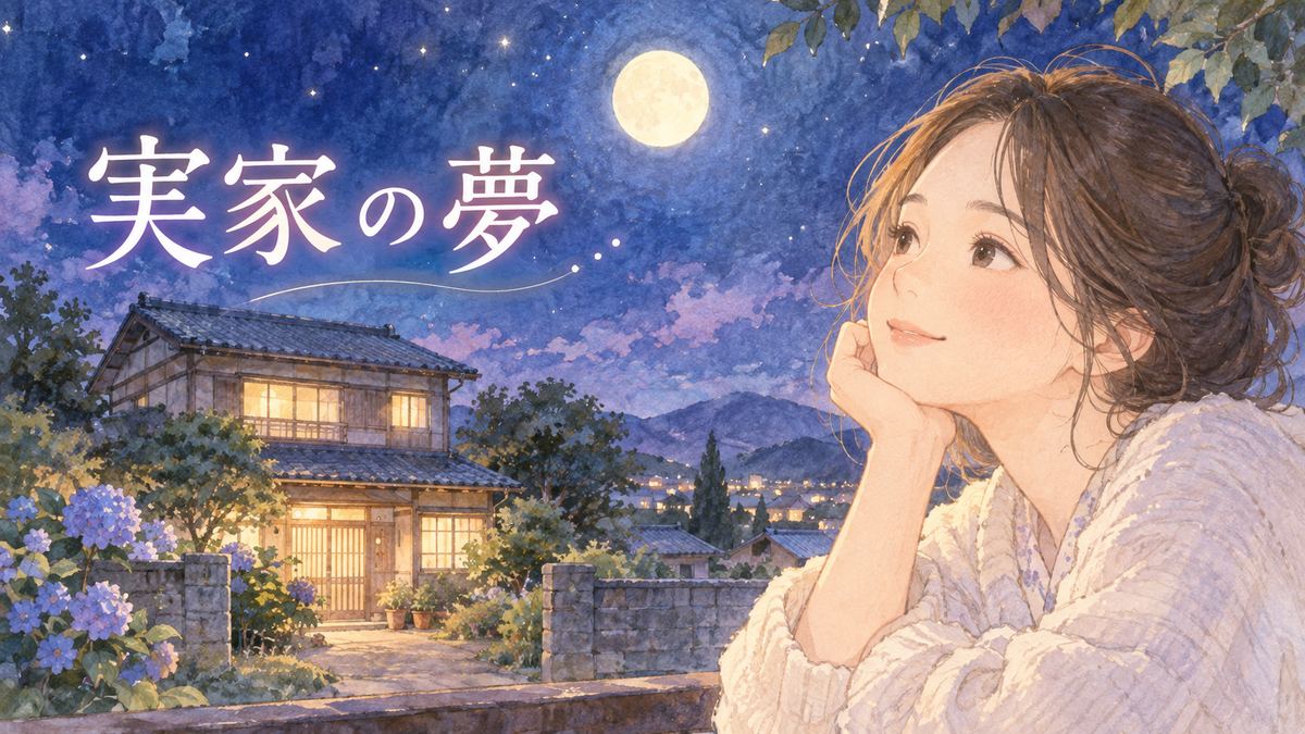 夜の実家を見つめる穏やかな大人の女性