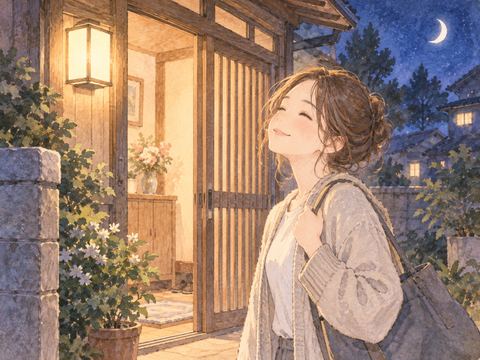夜の実家の玄関へ帰ってほっとする女性