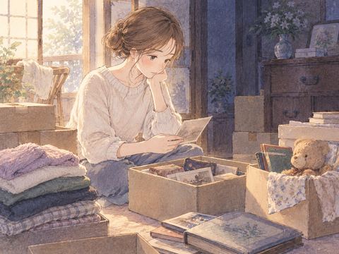 実家で思い出の品を整理する女性
