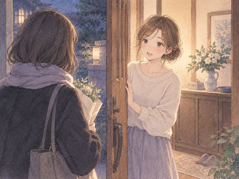 実家の玄関で来客を迎える女性