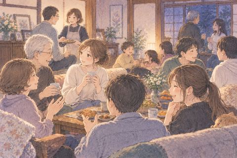実家の居間に多くの人が集まる夢の場面
