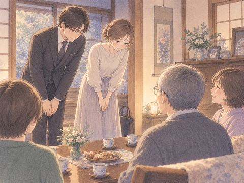 実家の居間で家族に挨拶する二人
