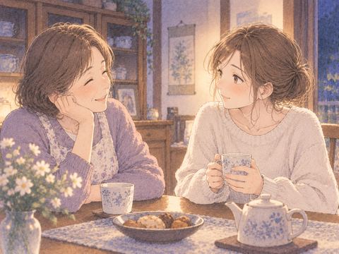 実家で母と向かい合う大人の女性