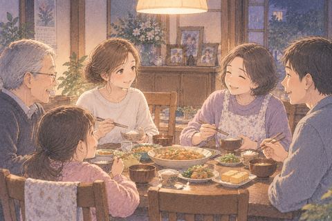 実家の食卓で家族と静かに過ごす女性