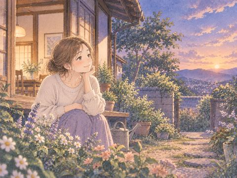 実家の庭で草花を眺める女性
